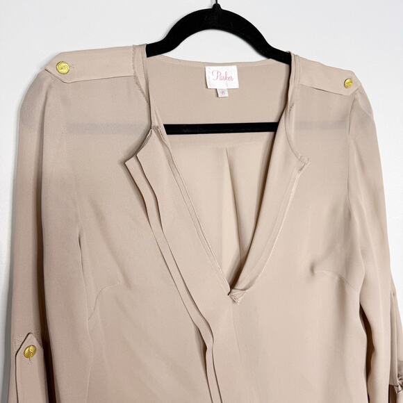 Parker XSmall XS Light Brown Beige Silk Split V Neck Blouse Roll Tab Sleeves - Picture 3 of 11